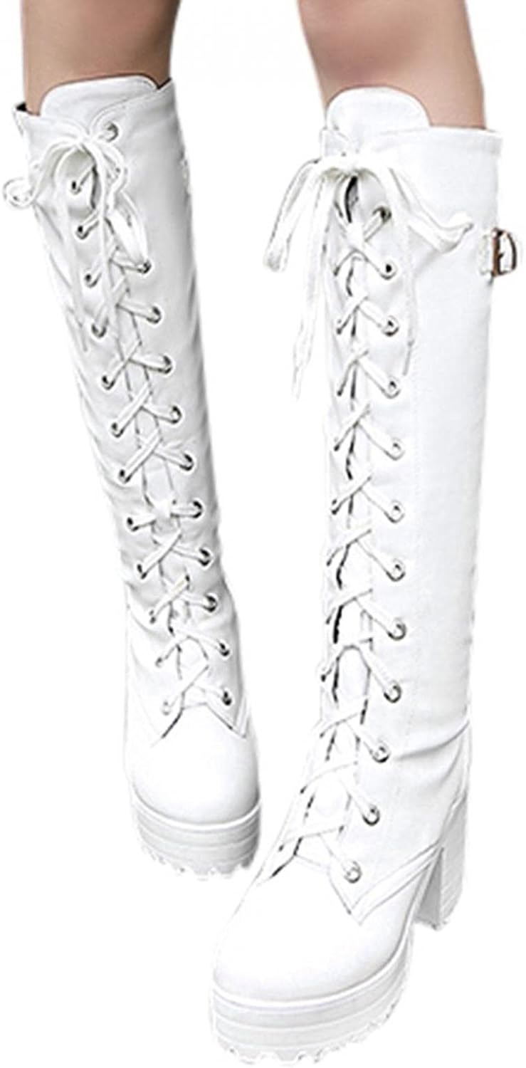 

Женские высокие боевые сапоги Hbeylia до колена, модные панк-готические кожаные с кружевами, с круглым носком, на танкетке и массивном каблуке, длинные сапоги до колена в стиле винтаж, для езды на мотоцикле, белый