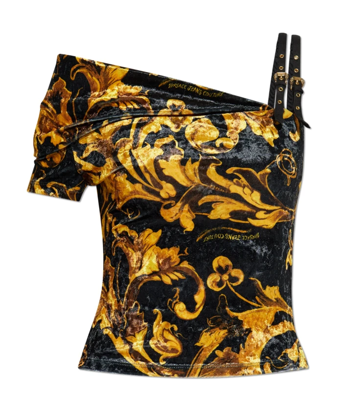 

Топ с одной плечевой накидкой и ребристой отделкой в стиле барокко Versace Jeans Couture, желтый