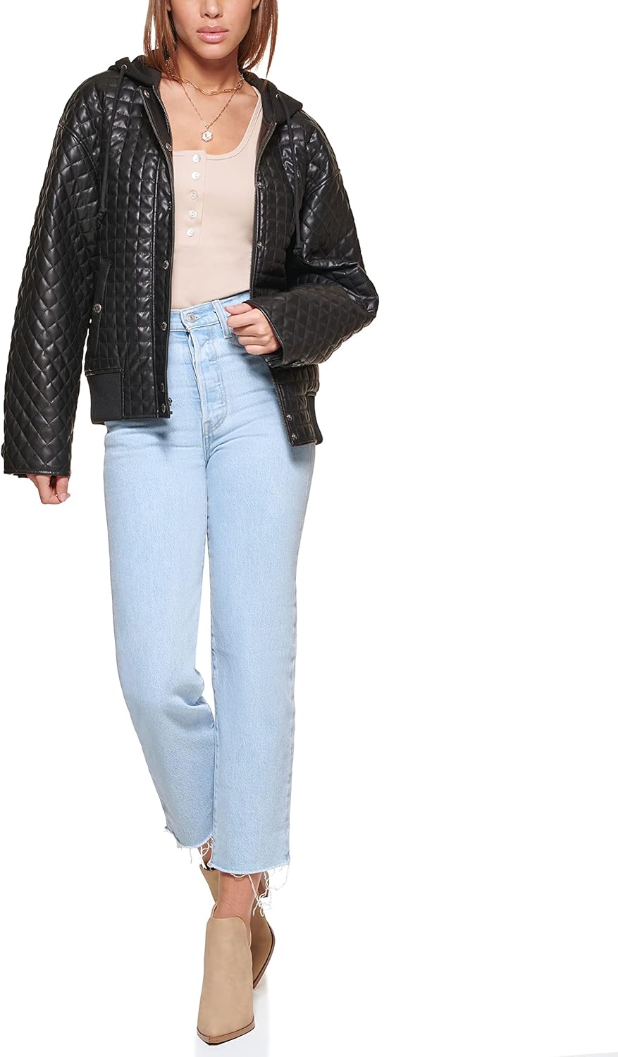 Женская куртка-бомбер Levi's из стёганой искусственной кожи с капюшоном, черный — фото 2