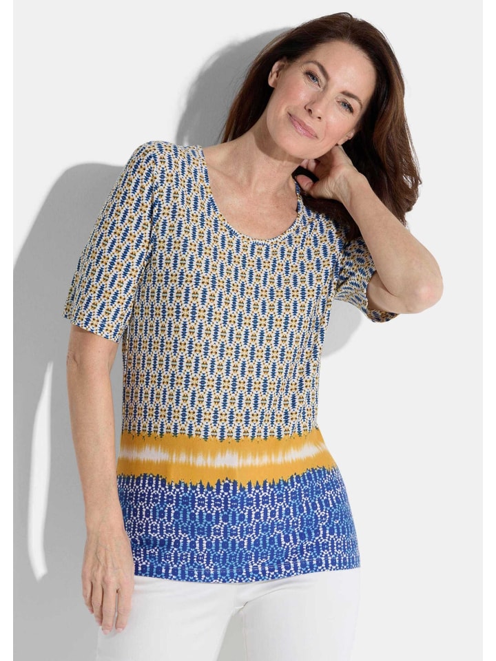 

GOLDNER Короткий размер: Футболка синего / белого / медового / с узором, Синий, GOLDNER Короткий размер: Футболка синего / белого / медового / с узором