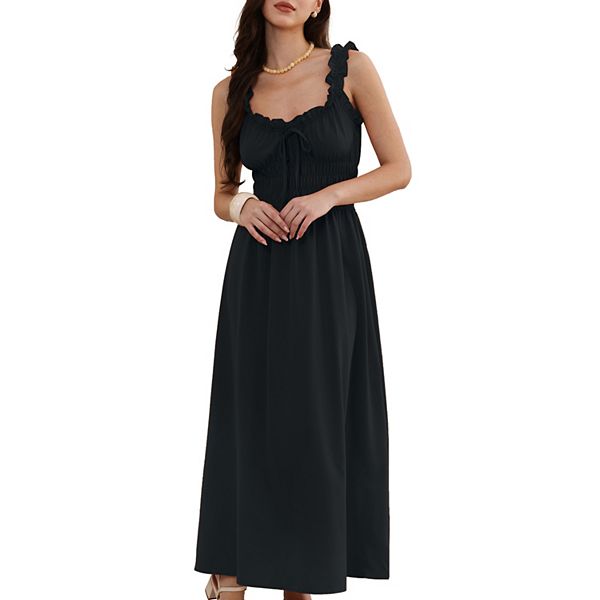 

Бохо макси-платье для женщин на тонких бретелях с квадратным вырезом и присборенным лифом Inspire Chic, Black