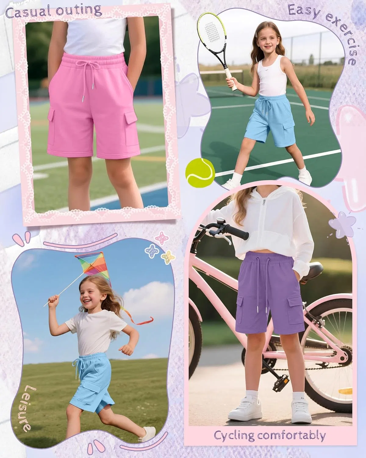 Шорты бермуды 3 шт, детские, LessonZoo, Light Blue, Rose Pink, Taro Purple — фото 2