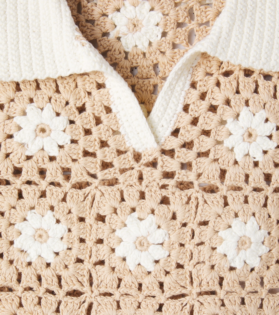 Каскадская цветочная поло из хлопка с вязаными элементами Zimmermann Kids, Natural/Ivory — фото 3