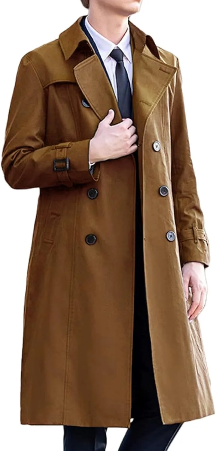 Мужское тренч пальто Single Breasted Slim Fit средней плотности с лацканами длинное осеннее повседневное винтажное ветрозащитное пальто Peacoat Generic, коричневый — фото 2