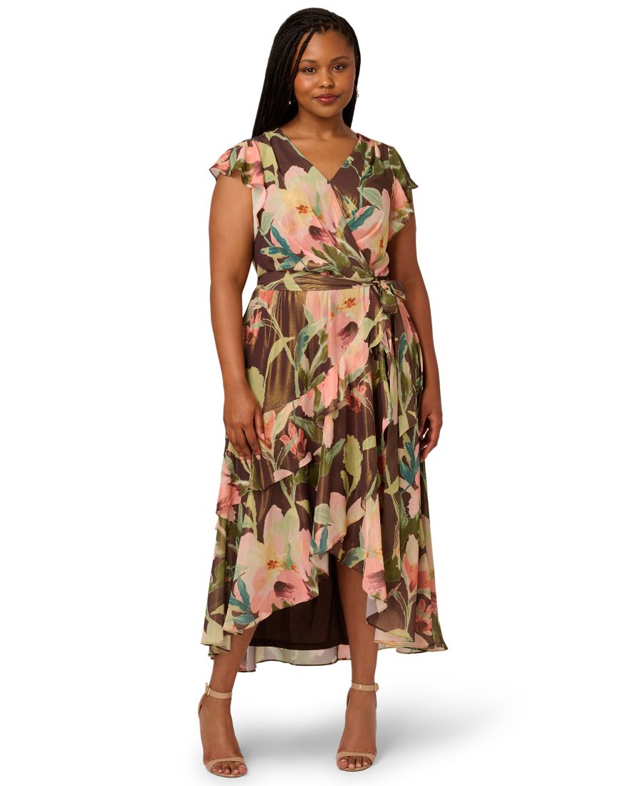 

Платье миди из шифона с принтом и асимметричным подолом, большого размера Adrianna Papell, Brown Multi