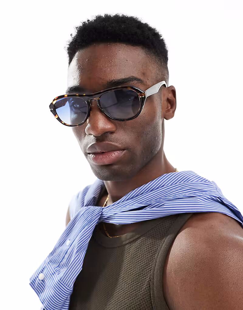 

Солнцезащитные очки-авиаторы ASOS DESIGN Festival с черепаховой оправой и синими линзами