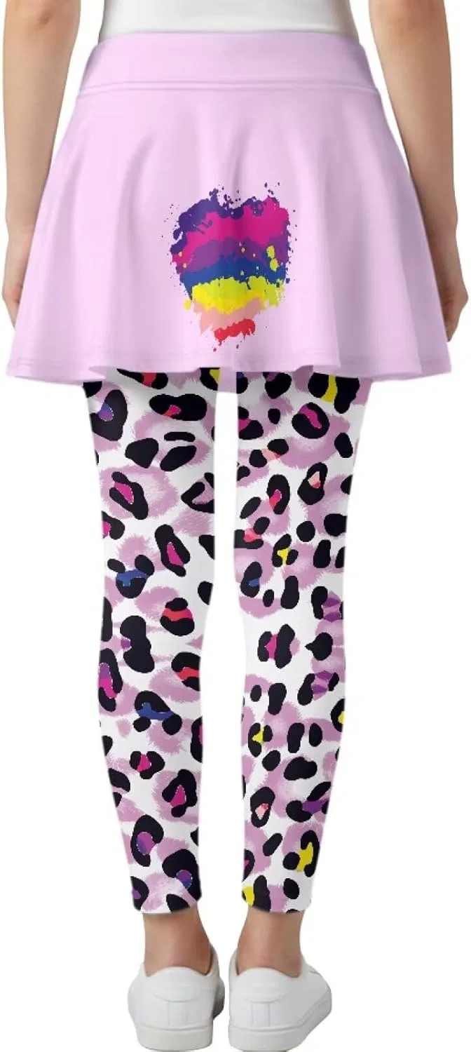 Леггинсы с юбкой для девочек Hresuewn, 2-в-1, Rainbow Heart Leopard Print — фото 2