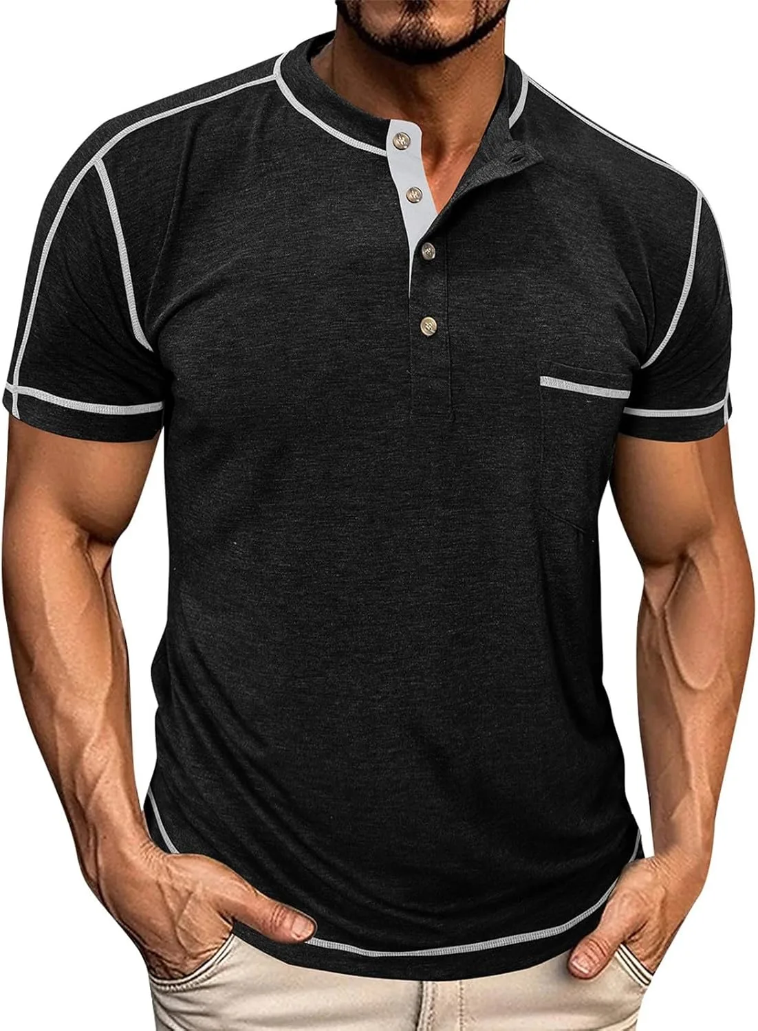 

Мужская футболка WENKOMG1 Casual, короткий рукав, ретро, Henley, размеры M-3XL