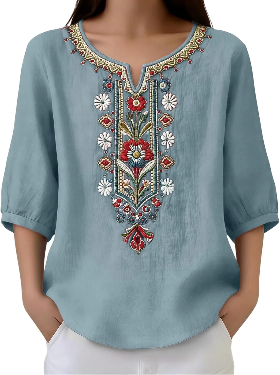 Блуза с вышивкой, 3/4 рукав, V-образный вырез, Light Blue — фото 4