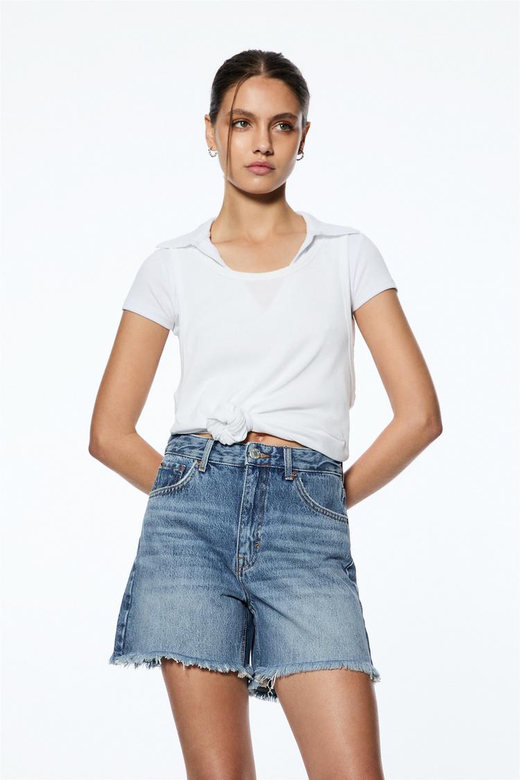 

Шорты-Бермуды из денима с высокой талией Pull And Bear, синий
