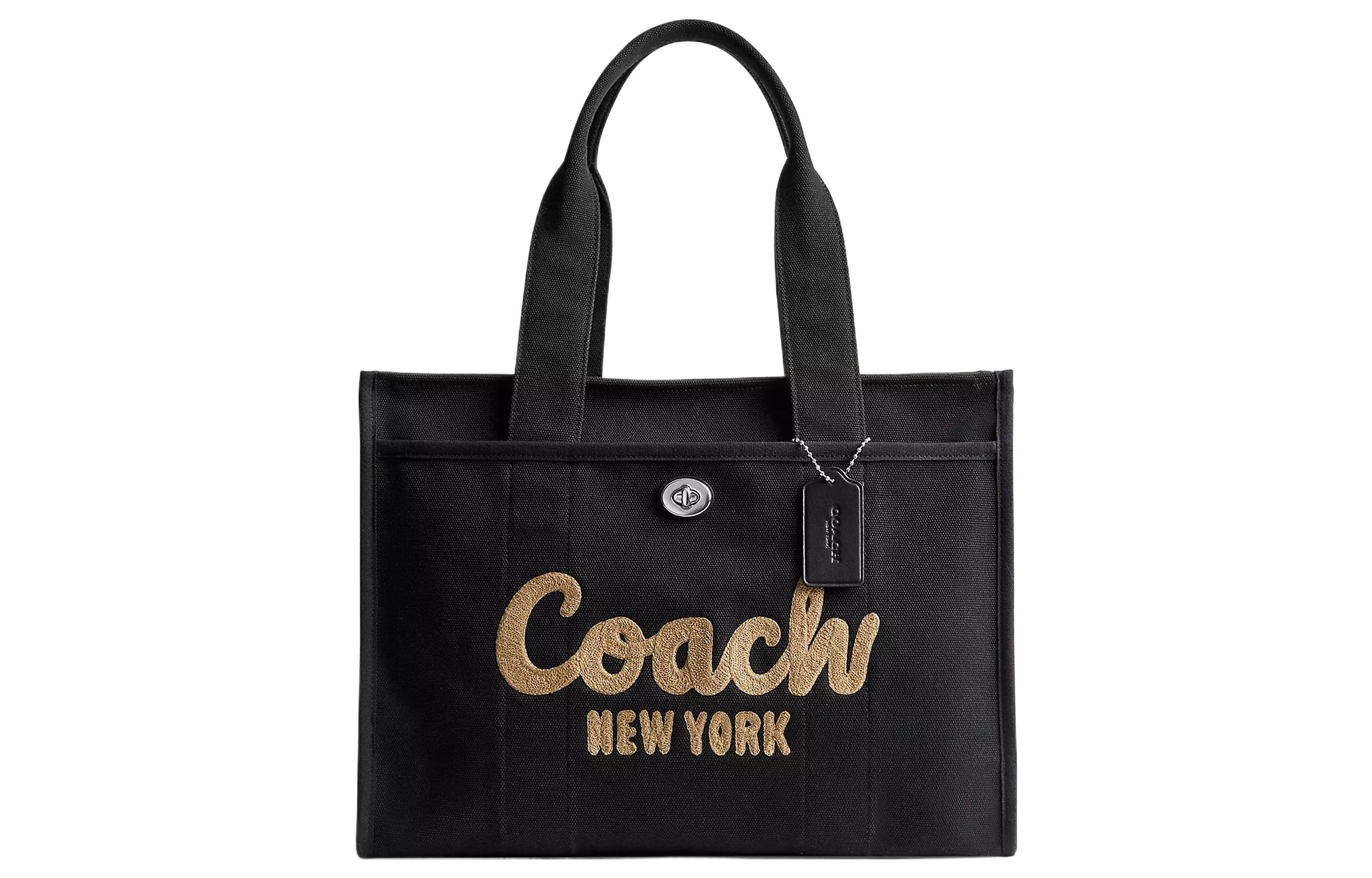 

COACH Черная женская сумка-шоппер из сатинового холста с кожаными деталями