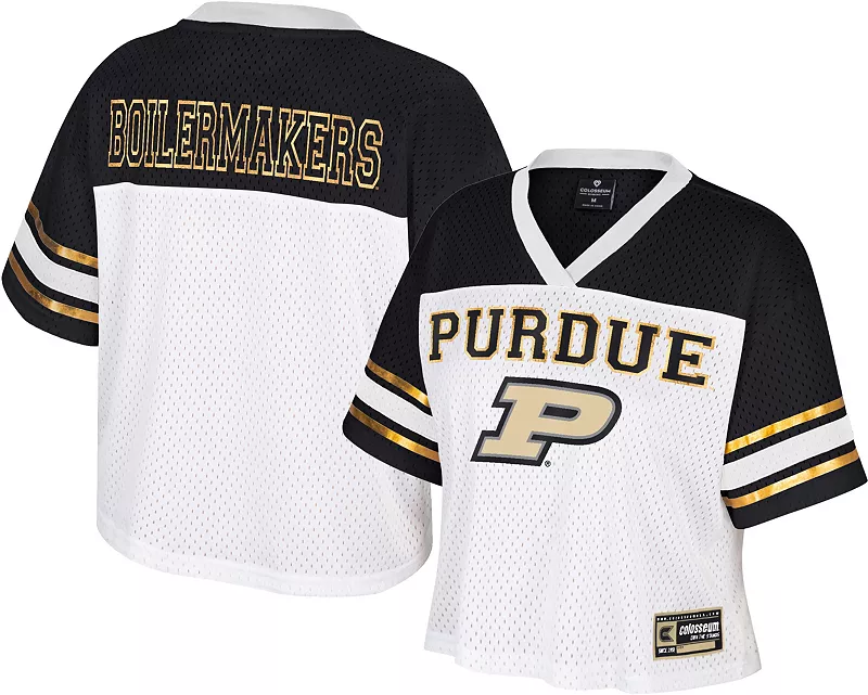 

Женская укороченная футбольная майка белого цвета Treasure Colosseum Purdue Boilermakers