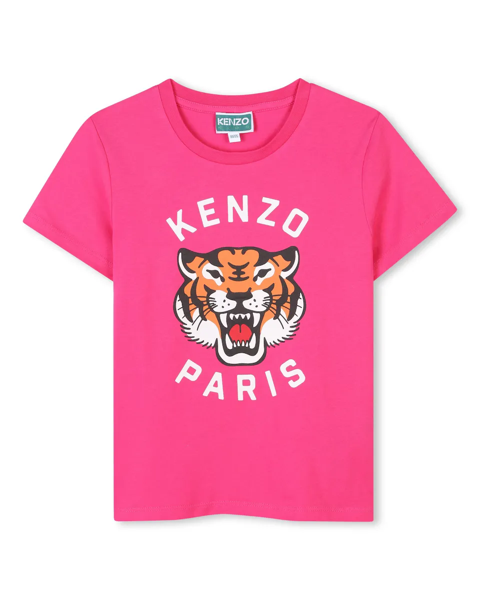 

Хлопковая футболка для девочки с иллюстрацией спереди Kenzo Kids, фуксия