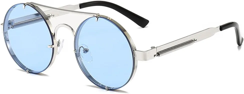 

Металлические круглые солнцезащитные очки в стиле стимпанк без оправы для женщин, винтажные эластичные солнцезащитные очки для мужчин LANGSER, Silver Blue