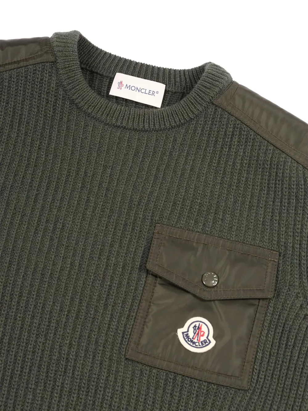 Свитер с накладным карманом и круглым вырезом Moncler Enfant, зеленый — фото 3