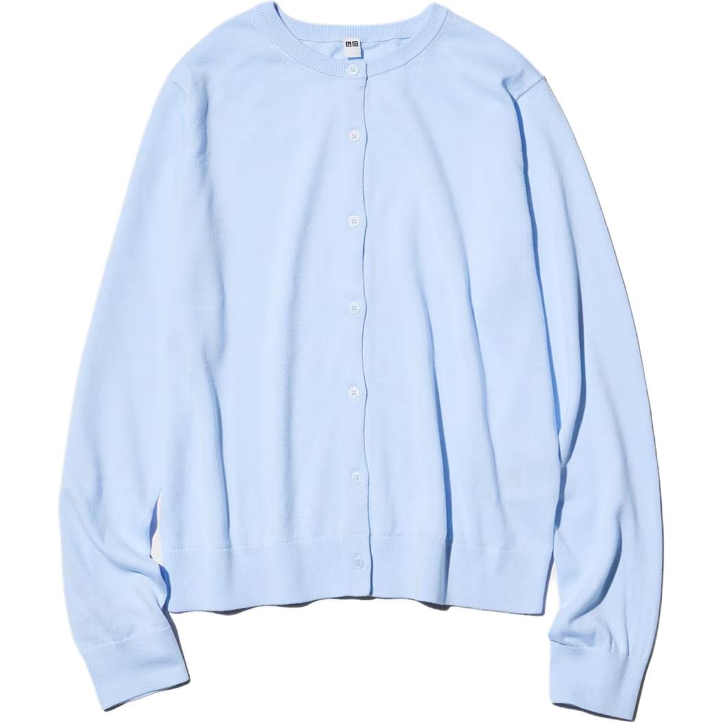 UNIQLO Трикотажный кардиган для женщин, светлый голубой, с круглым вырезом, умеренной длины