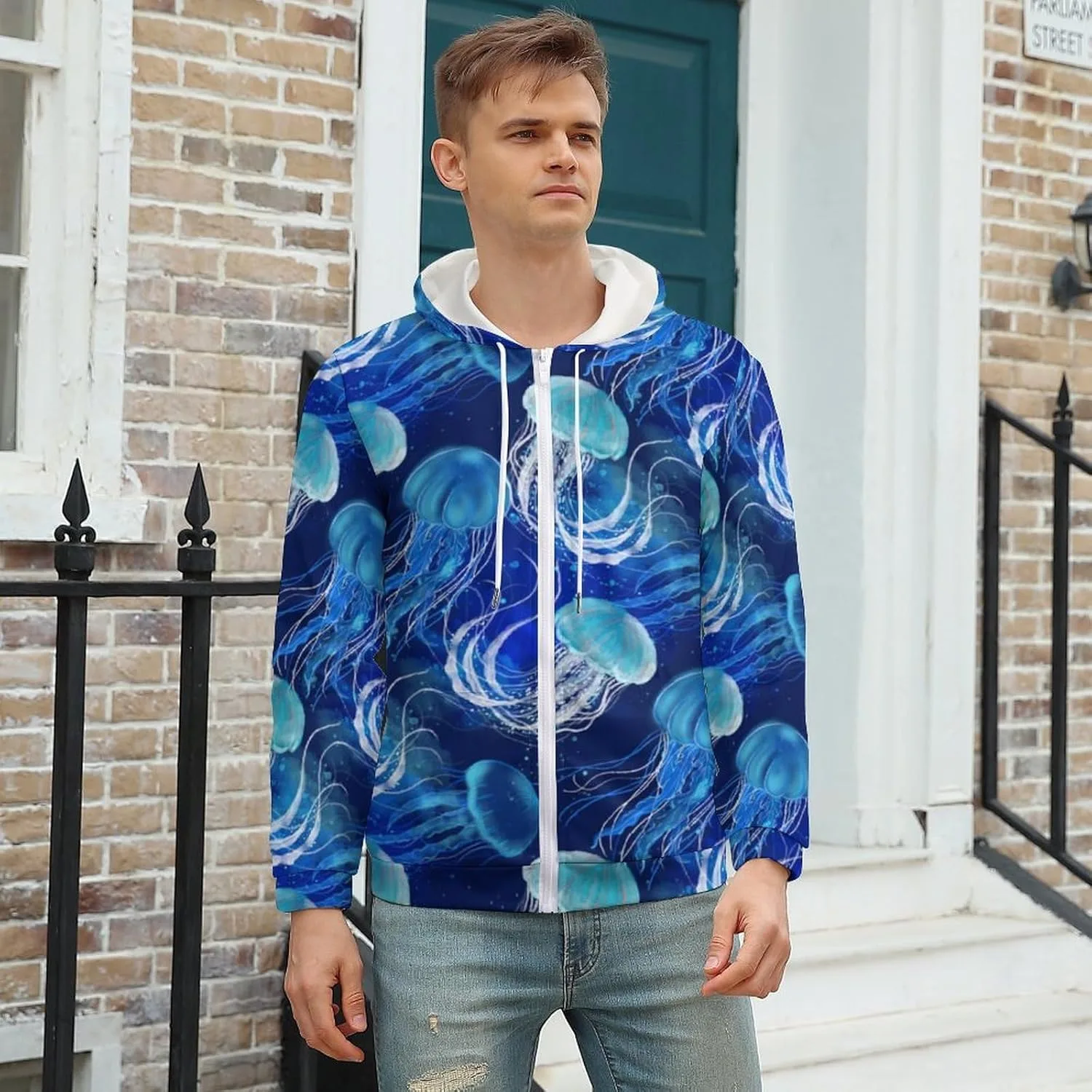 Толстовка с капюшоном Luminous Jellyfishs Blue, мужская, на молнии, оверсайз — фото 3