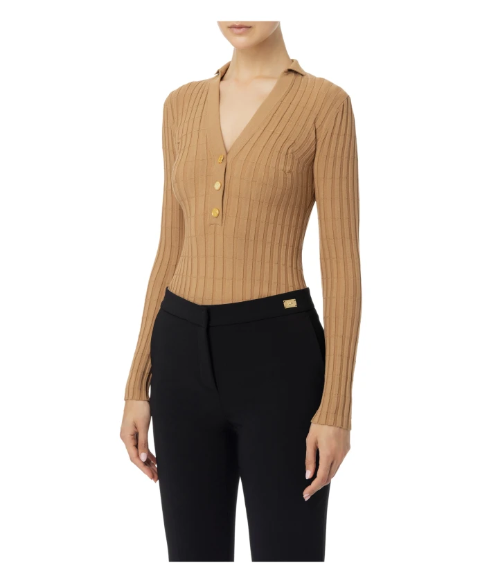 

Вискозный свитер в рубчик с золотыми пуговицами Elisabetta Franchi, коричневый