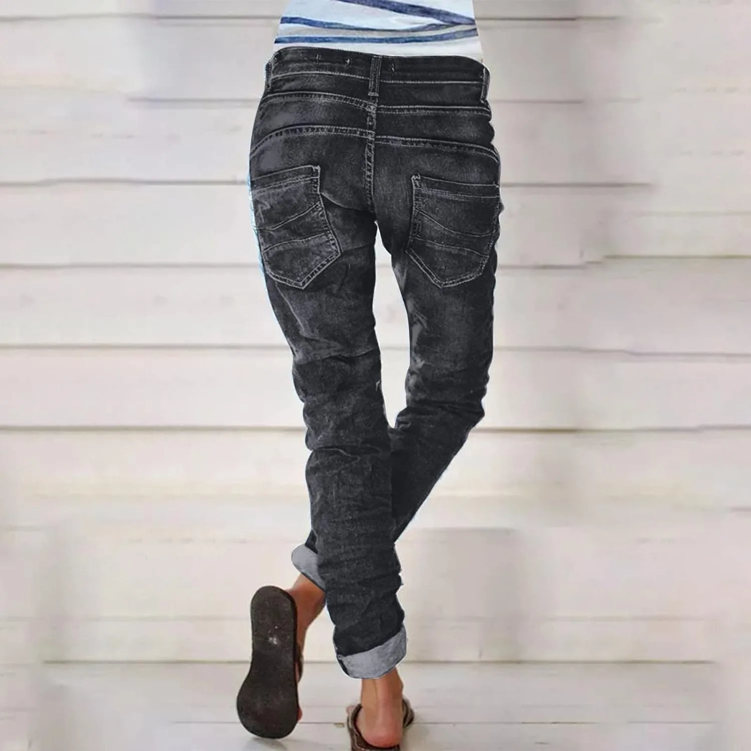 Женские джинсы distressed slim straight cuffed crop mid rise stretchy washed vintage boyfriend — фото 2