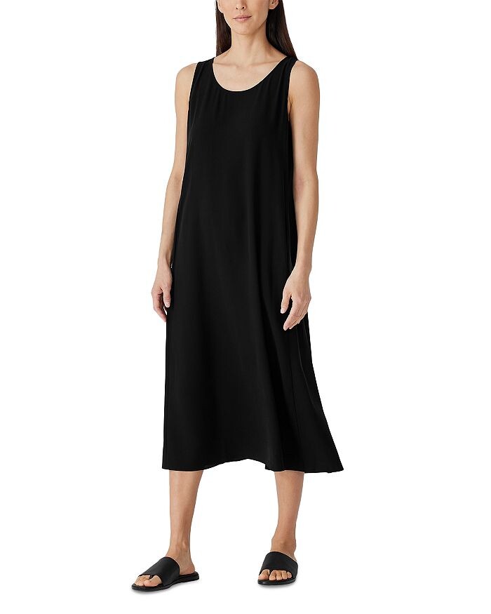 

Шелковое платье миди Eileen Fisher с овальным вырезом и майкой, черный