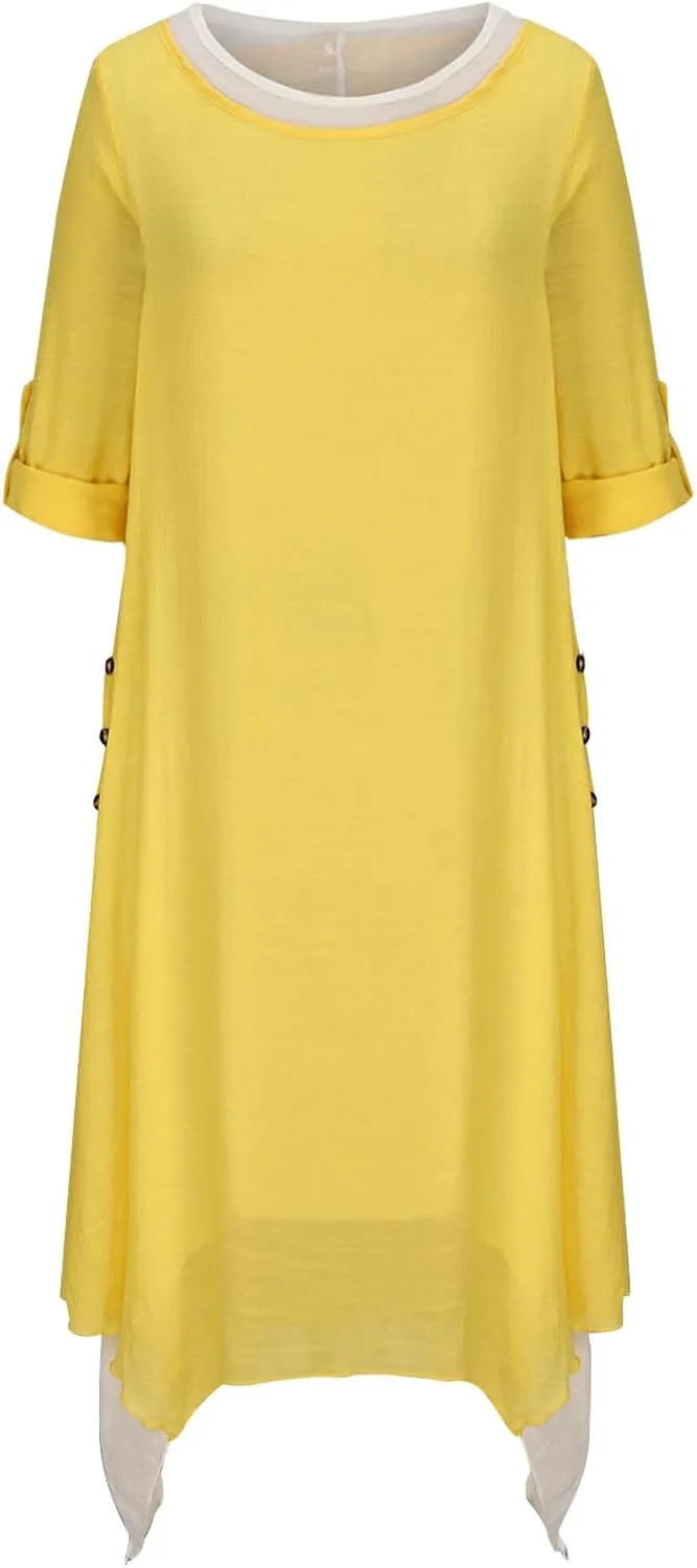 Женское платье Fake Two Piece Colorblock с длинным рукавом и круглым вырезом, свободный летящий кэжуал-наряд для пляжа, весна-лето 2024 Generic, желтый — фото 3