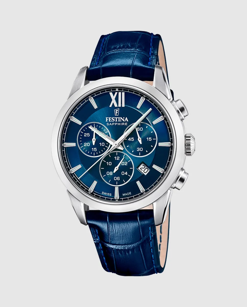 

Мужские часы F20041/2 Chrono Swiss Made в синей коже Festina, синий