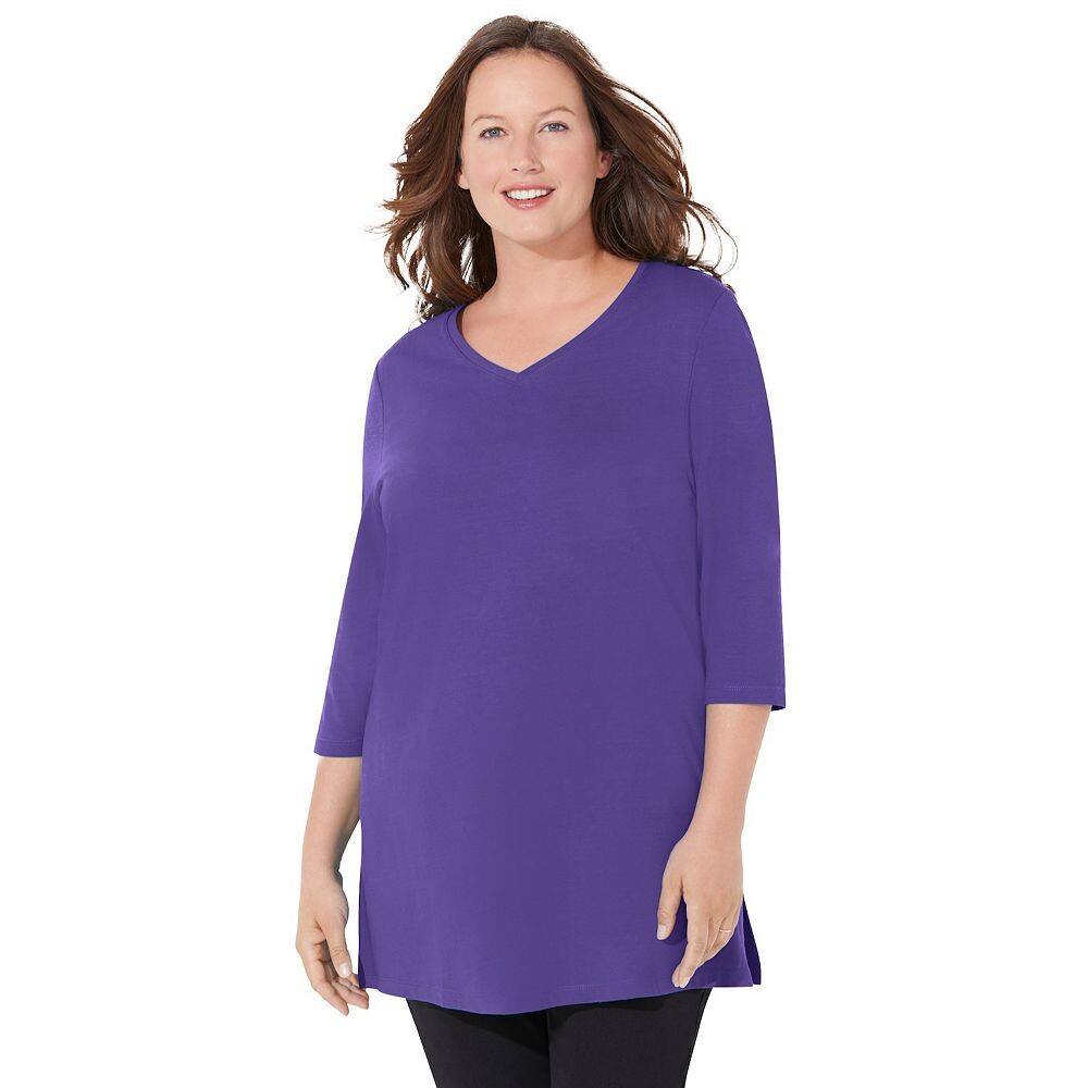 

Женская футболка размера плюс Petite Easy Fit с рукавами 3/4 и v-образным вырезом Catherines, цвет Dark Violet