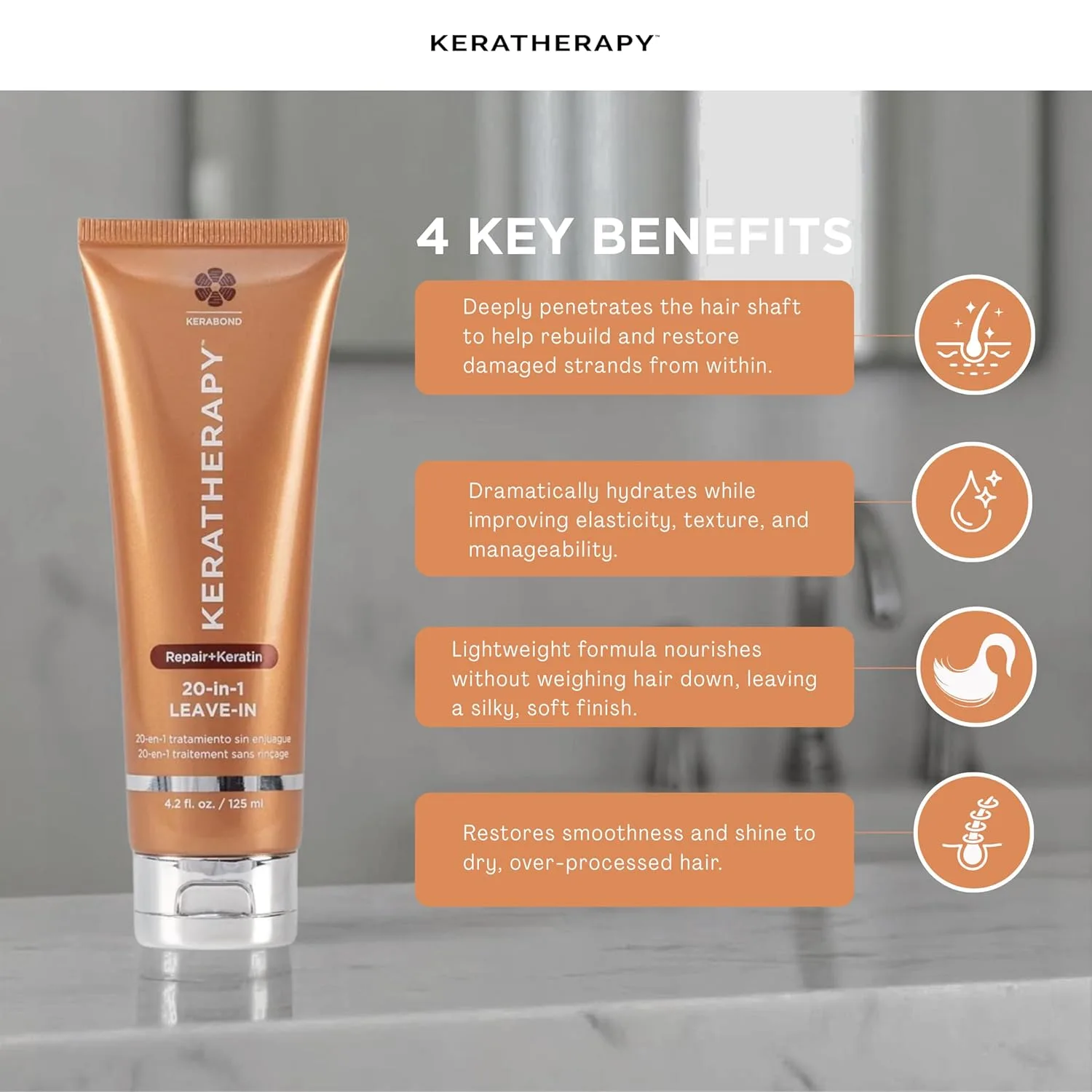 KERATHERAPY Keratin Infused KeratinFIXX 20-in-1 Leave-in, 125 мл - кондиционер несмываемый для гладкости с экстрактом икры и аргановым маслом — фото 3