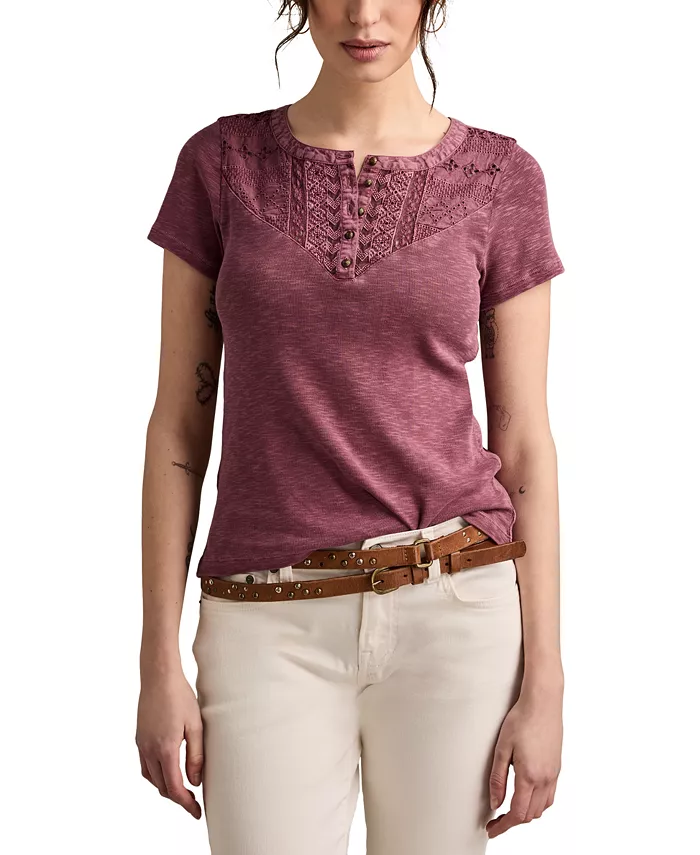

Женская хлопковая футболка с вышивкой Henley Lucky Brand, фиолетовый
