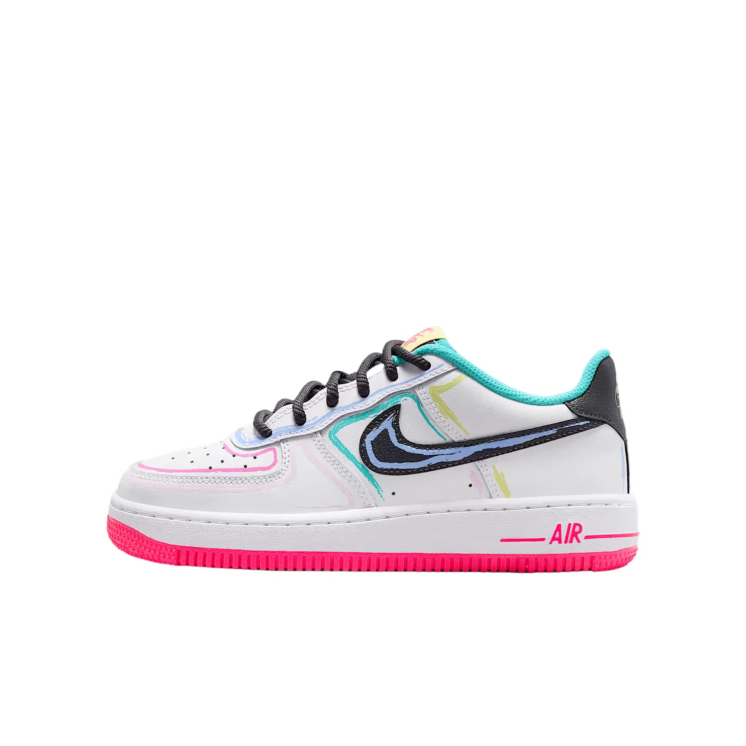 Кроссовки Air Force 1 Synthetic Leather, Leather Low top Skateboard Shoes Kids' Nike, White/Transparent Pink/Cactus Green/Coal Black