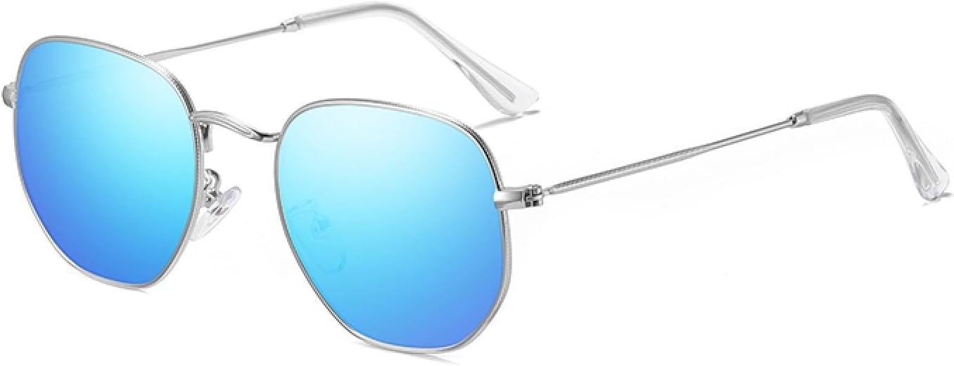 

Модные женские солнцезащитные очки с маленьким шестиугольным оправой, мужские ретро-солнцезащитные очки из металла с защитой от УФ-излучения UV400 TOIPASTN, Silver-blue