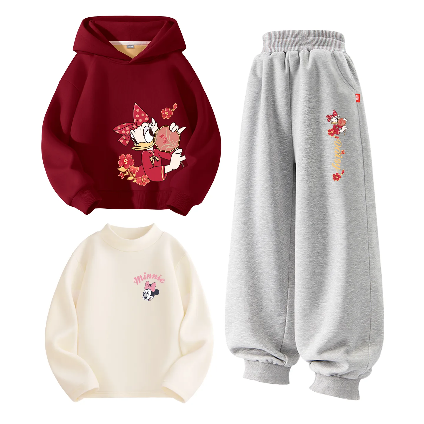 Детский спортивный комплект из 3 предметов Disney, [Thickened and Fleece-Lined Three-Piece Set]Di Tuan Fan Dai_Right Bottom Burgundy+Di Tuan Fan Dai K Gray+Gt Di Li Eye K Milk White