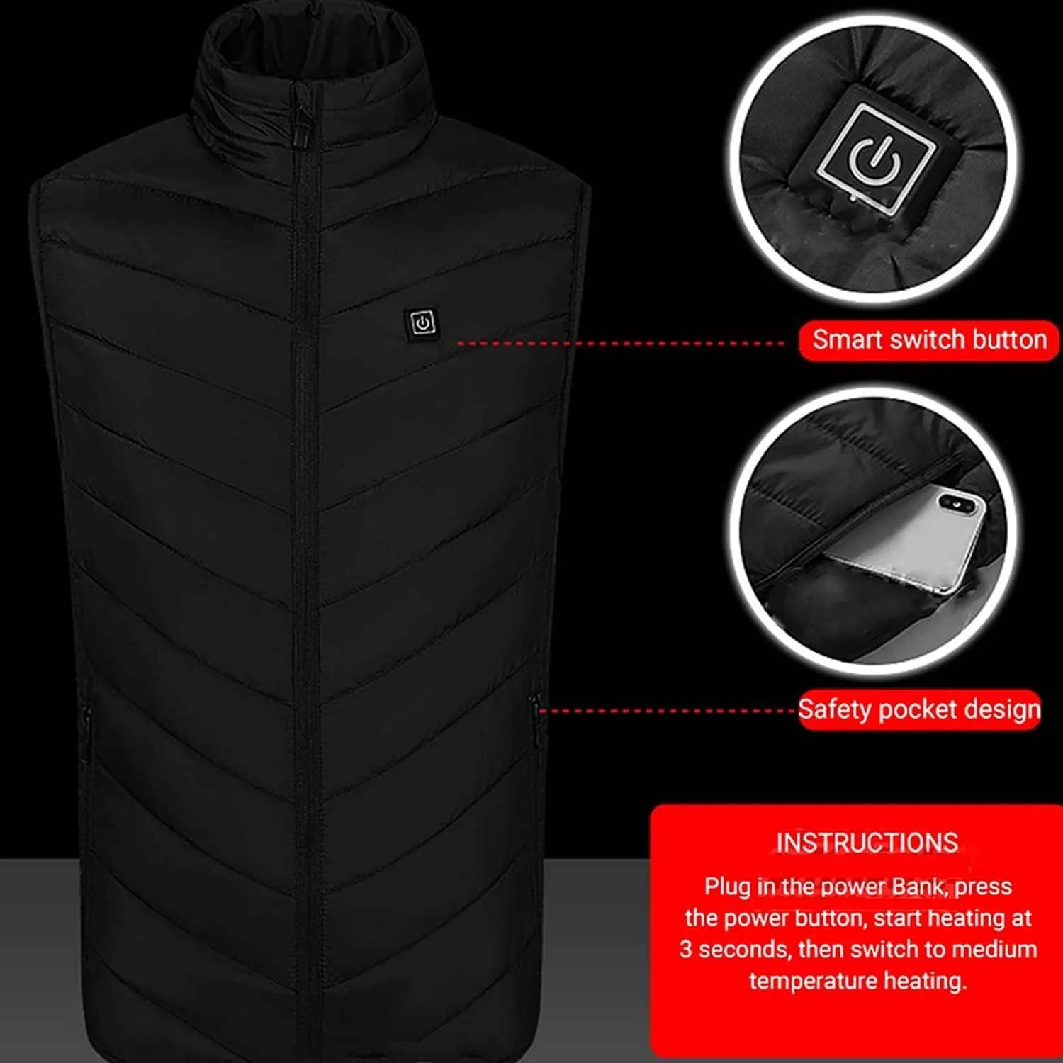 Зимний пуховик с USB-подогревом, утепленная электрическая флисовая куртка Unisex, перезаряжаемый жилет с подогревом (без аккумулятора) Generic, черный — фото 4