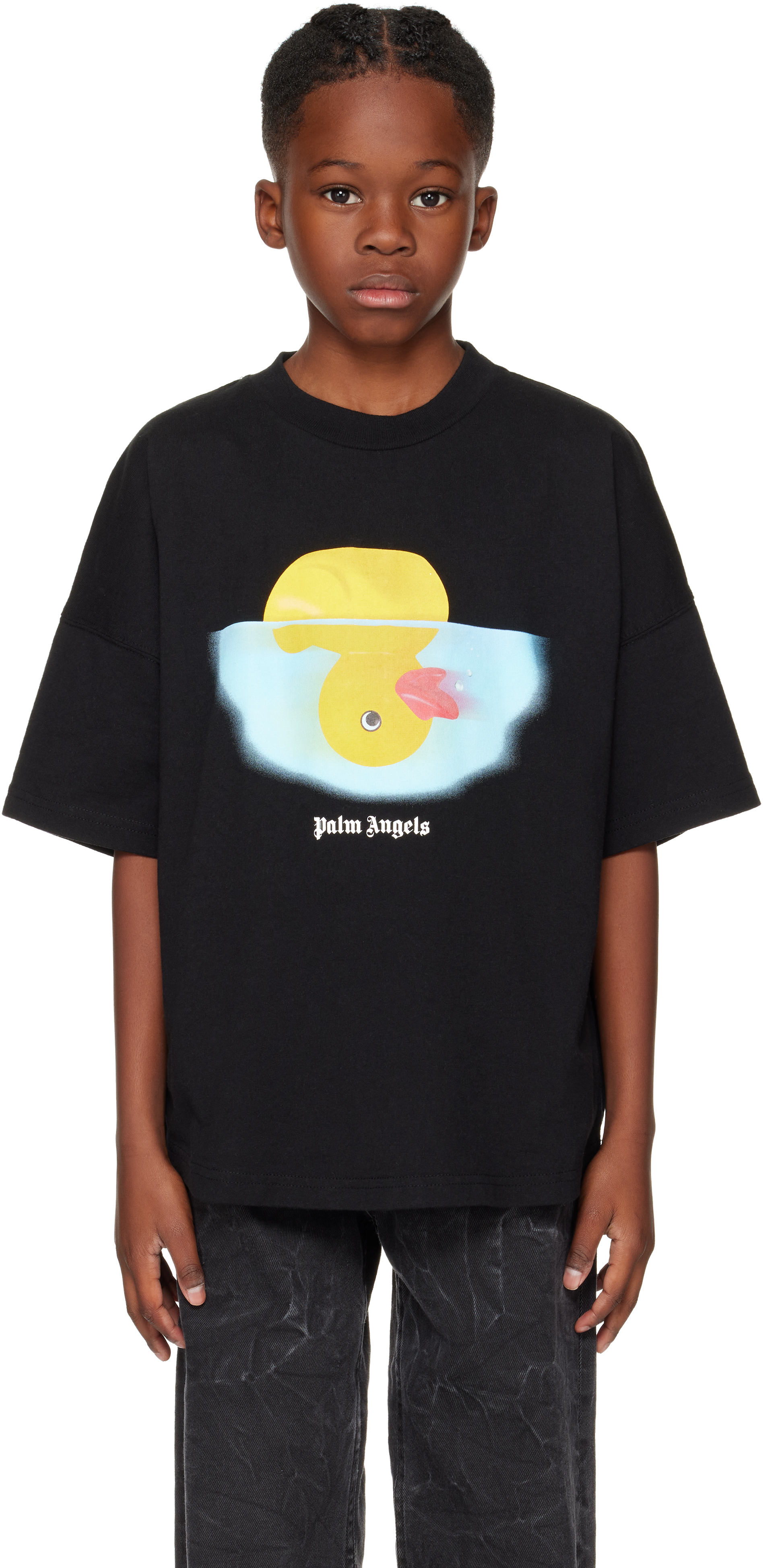 

Детская черная футболка большого размера с изображением резиновой утки Palm Angels