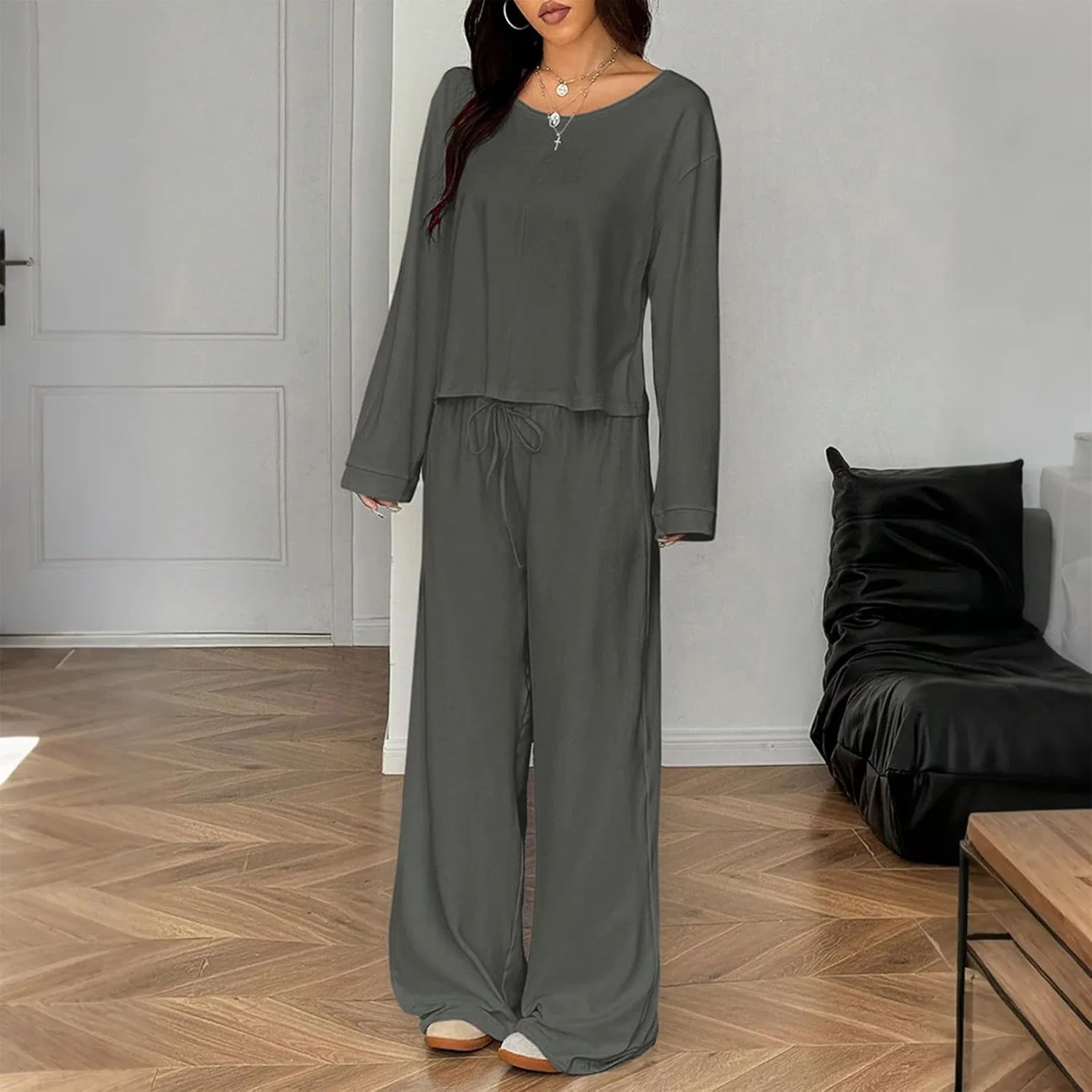 Женский спортивный костюм из толстовки и широких брюк Dark Gray — фото 3