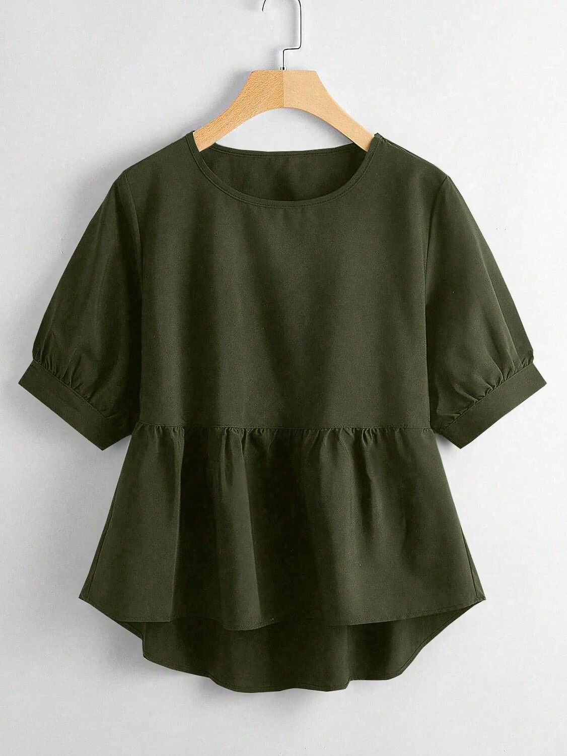 

SHEIN LUNE мужская блузка с рюшами, однотонная, короткая спереди, длинная сзади, зеленый