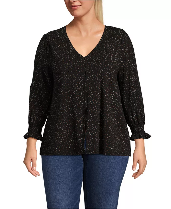 

Женская блуза с коротким рукавом из легкого джерси на пуговицах, размер plus size Lands' End, черный