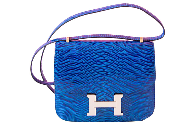 

HERMES Сумка Constance из кожи ящерицы, мини-сумка через плечо, женская, размер 73, сине-голубой сапфир