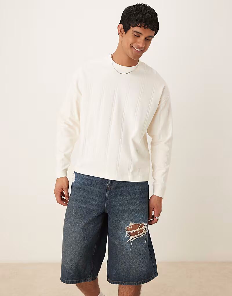 

Футболка свободного кроя с длинными рукавами кремового фактурного рубчика Asos Design, Бежевый, Футболка свободного кроя с длинными рукавами кремового фактурного рубчика Asos Design