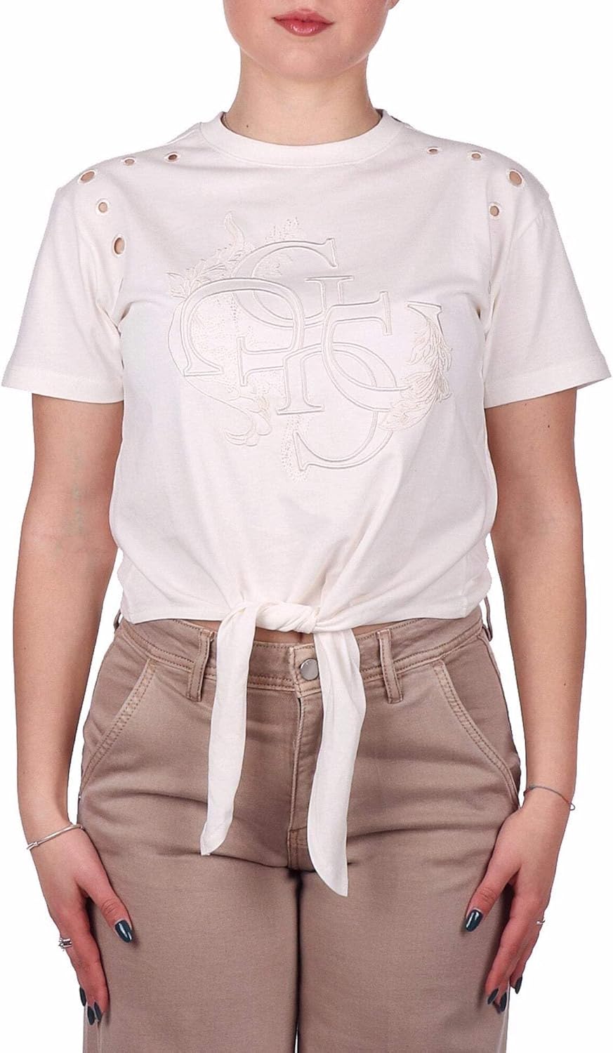 

Футболка GUESS Womens Eco с коротким рукавом и перфорацией, Cream White, Белый, Футболка GUESS Womens Eco с коротким рукавом и перфорацией, Cream White