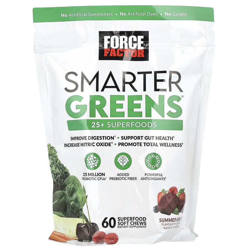

Force Factor, Smarter Greens, Summer Berry, 60 жевательных таблеток из суперфуда