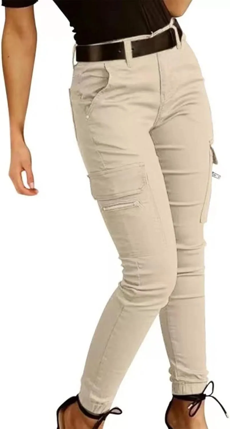 Женские брюки Mid Waist Skinny Casual Jogger Motorcycle Cargo с зауженным кроем, эластичные, с клапанами на карманах Generic, хаки