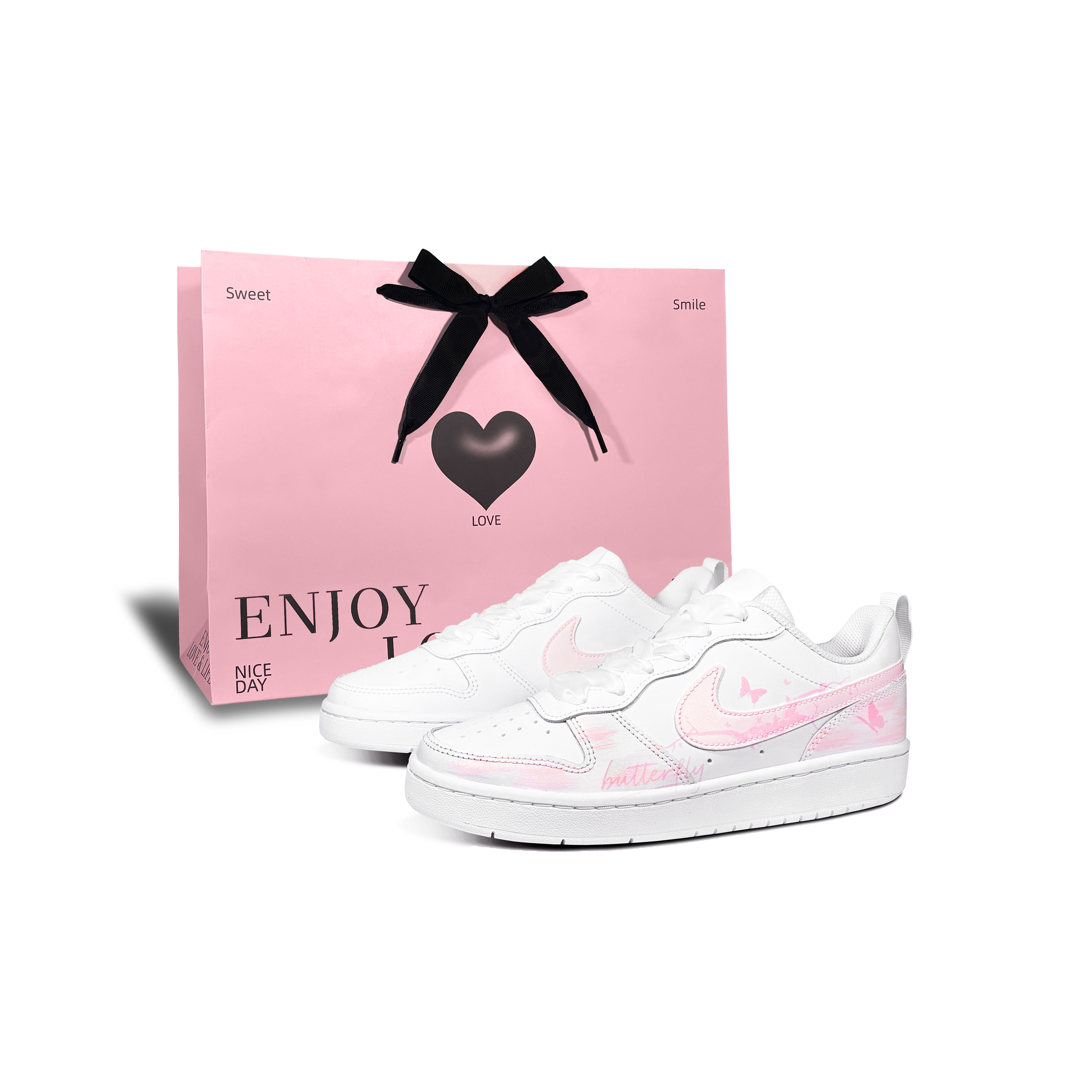 

Nike Кроссовки для скейтбординга Court Borough Butterfly Dancing In The Moon's Shadow низкие детские розовые белые подростковые