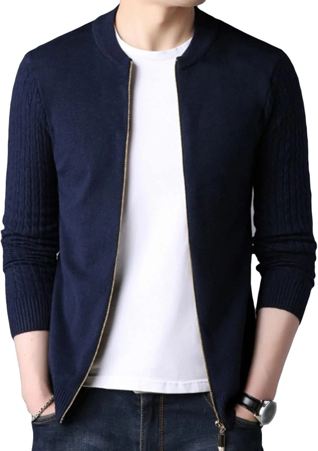 Мужской кардиган на молнии Slim Fit с кабельной вязкой и карманами