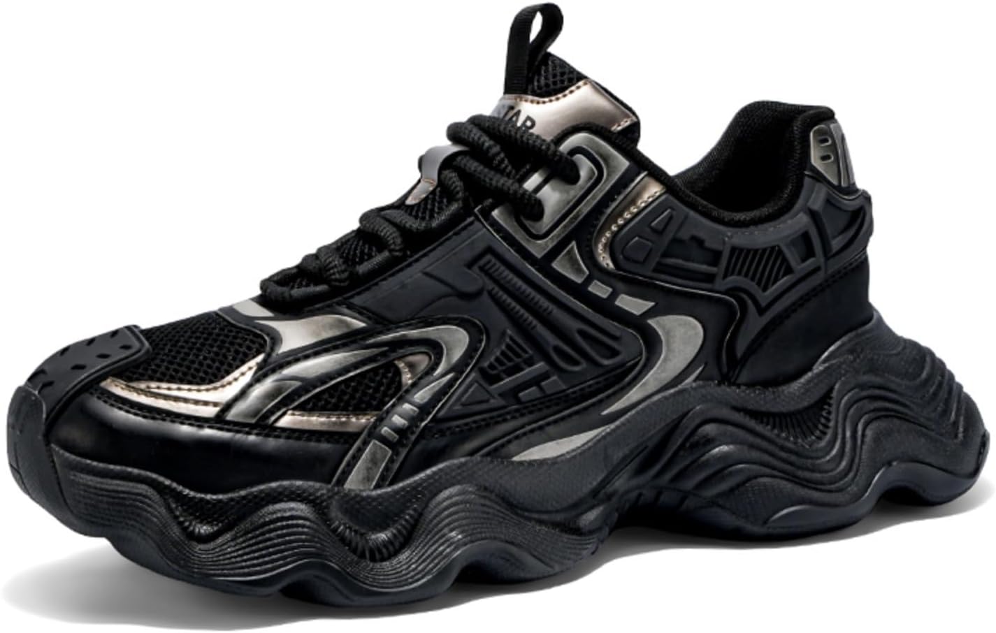 

Мужские модные кроссовки - дышащие сетчатые и кожаные с волнообразной подошвой, удобная амортизация для повседневной носки, стильный геометрический дизайн, для спортзала и уличного стиля Kelibasi, черный