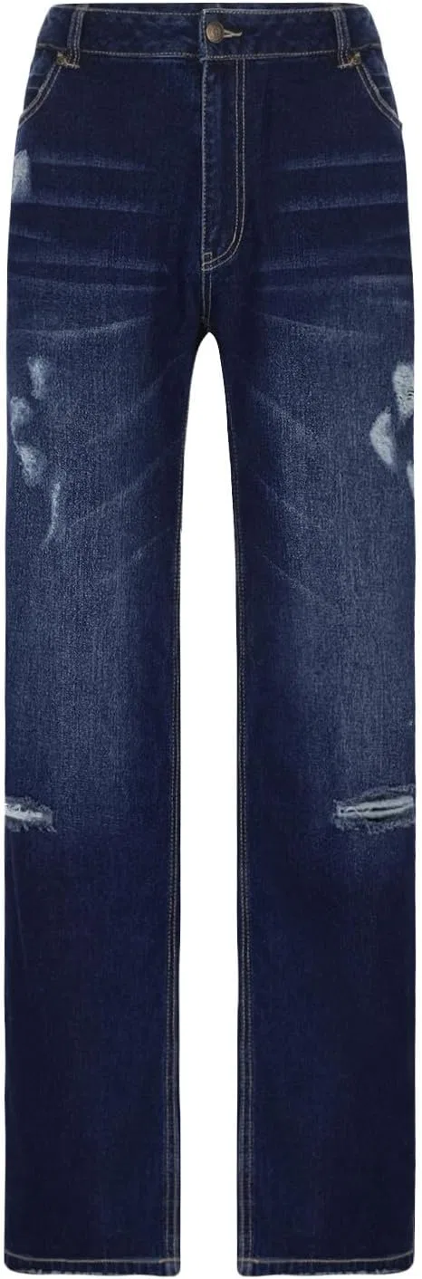 Джинсы прямые с потертостями темно-синие — фото 3