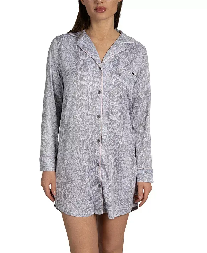 

Женская ночная рубашка с длинным рукавом, застежкой на пуговицы, воротником-стойкой, кантом и карманом Tahari, серый
