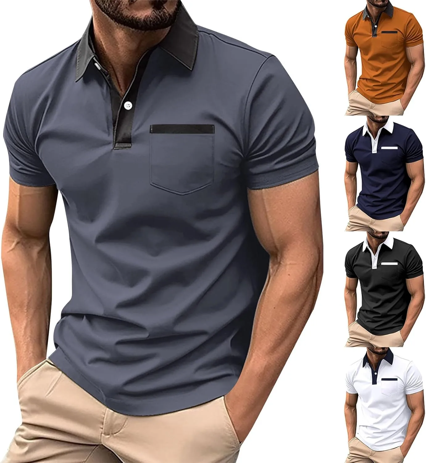Мужская поло с коротким рукавом Color Block, карман, Slim Fit