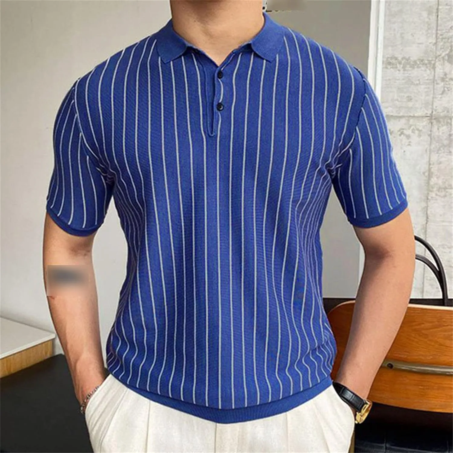 Мужская вязаная футболка Vintage Textured Slim Fit с классическим воротником — фото 3