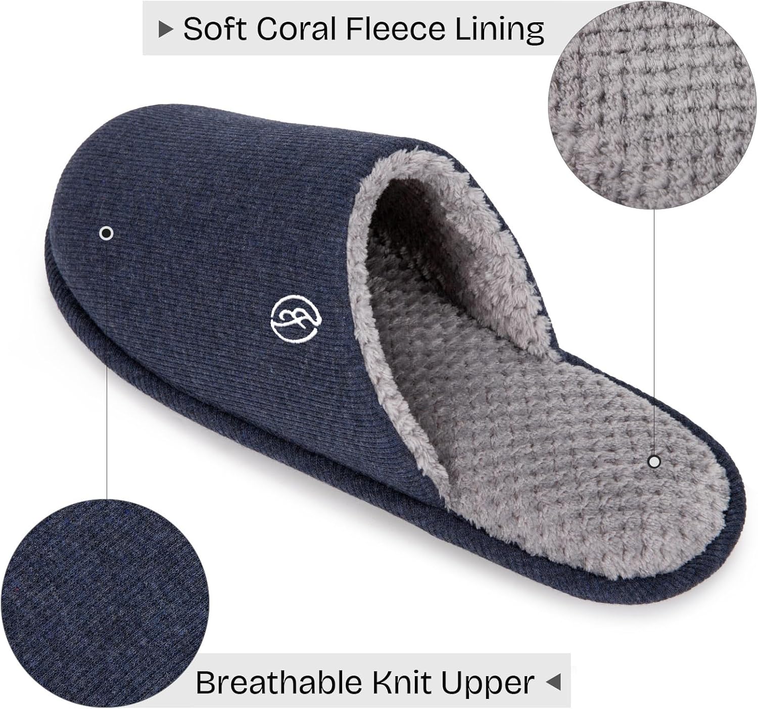 Мужские хлопковые вязаные тапочки EverFoams с легкой подошвой из пены с эффектом памяти для дома с антискользящей подошвой, темно-синий — фото 3